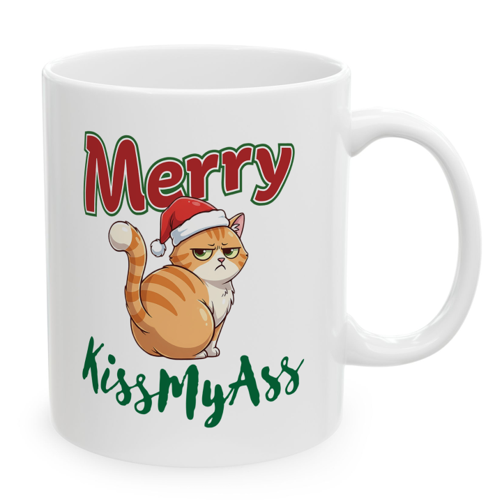 Merry KissMyAss Cat Mug – Funny Christmas Gag Gift – 11oz/15oz